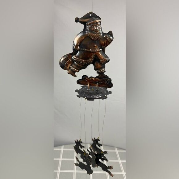 Vtg Santa & Reindeer Wind Chimes Rich Bronze Tone Metal Christmas Decor - Picture 2 of 12